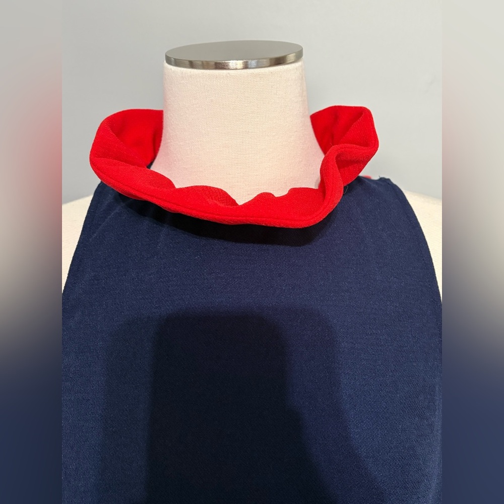 Tuckernuck Pomander Place Mason Ruffle Bow Tie Blouse Navy and Red Size XS - Picture 3 of 8
